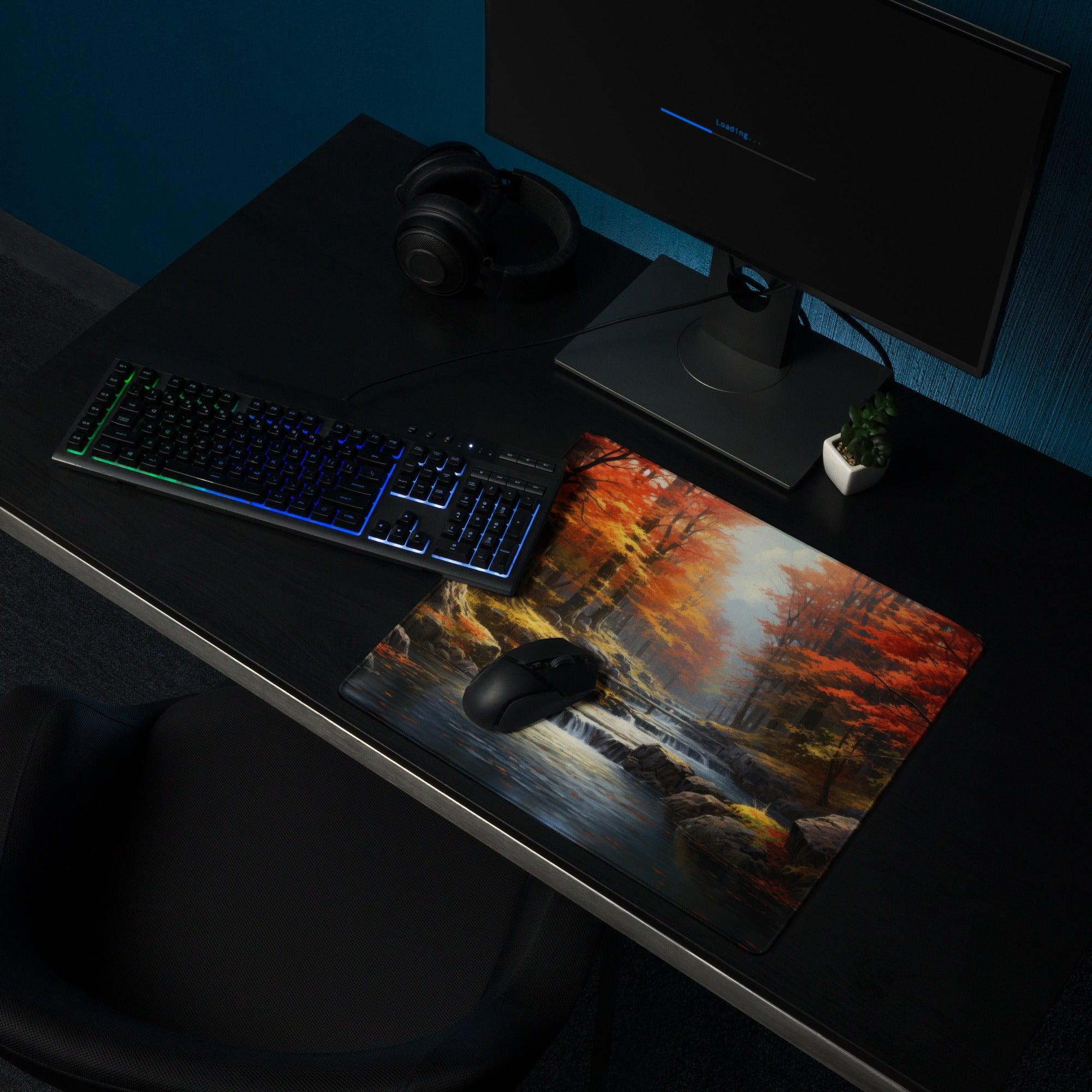 Large nature-inspired autumn forest gaming mouse pad with warm fall colors