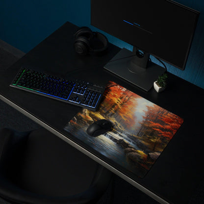Large nature-inspired autumn forest gaming mouse pad with warm fall colors
