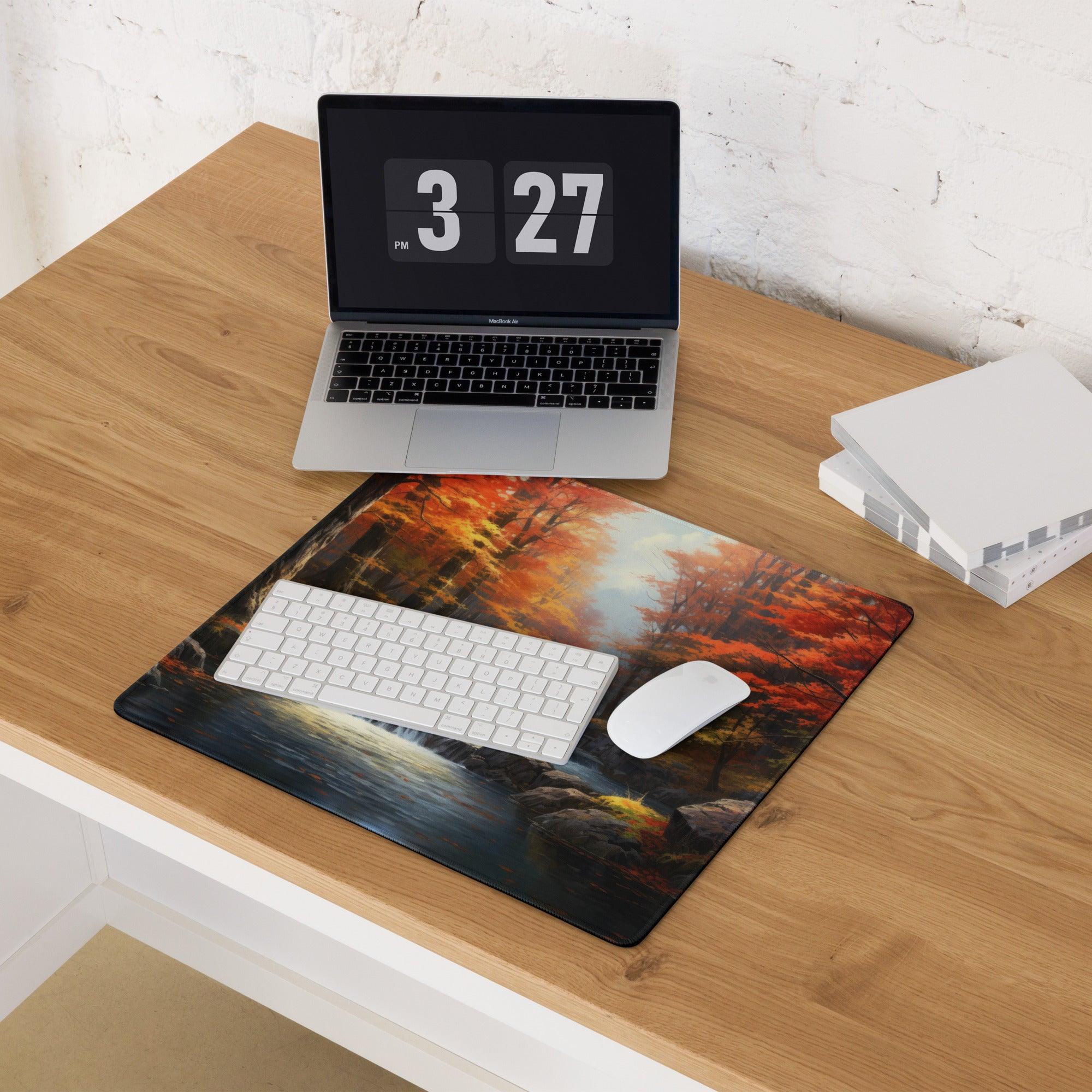 Large autumn forest gaming mouse pad with non-slip base and warm fall colors
