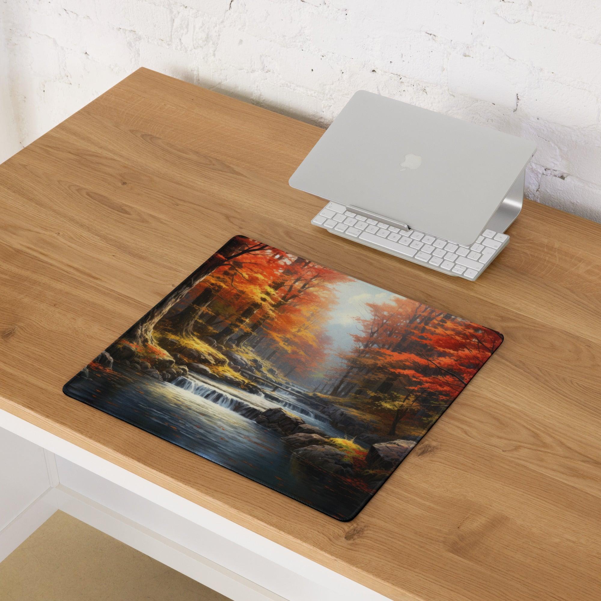 Large nature-inspired autumn forest gaming mouse pad with fiery red trees, waterfalls, non-slip base