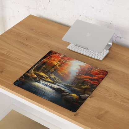 Large nature-inspired autumn forest gaming mouse pad with fiery red trees, waterfalls, non-slip base