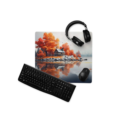 Autumn Lake Cabin large gaming mouse pad with orange tree island and cabin