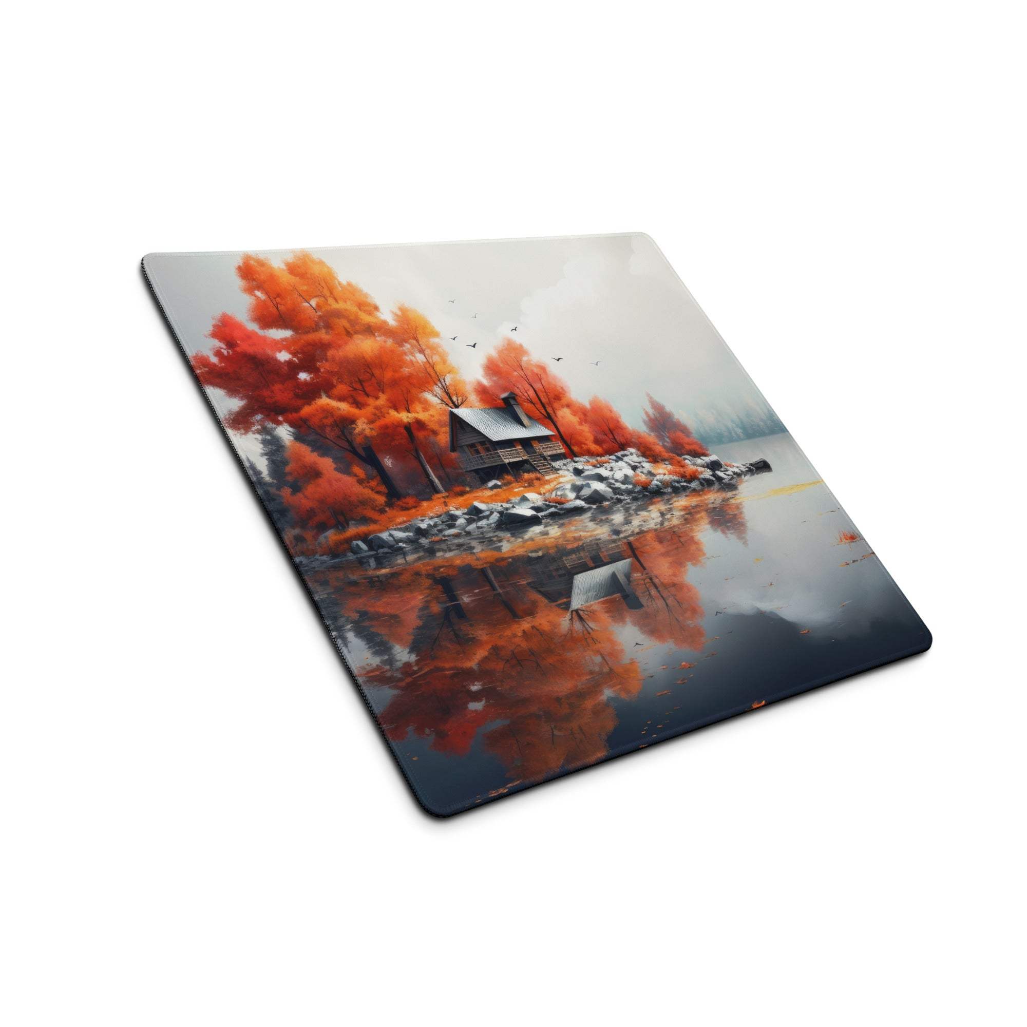 Autumn lake cabin gaming mouse pad with orange trees reflection
