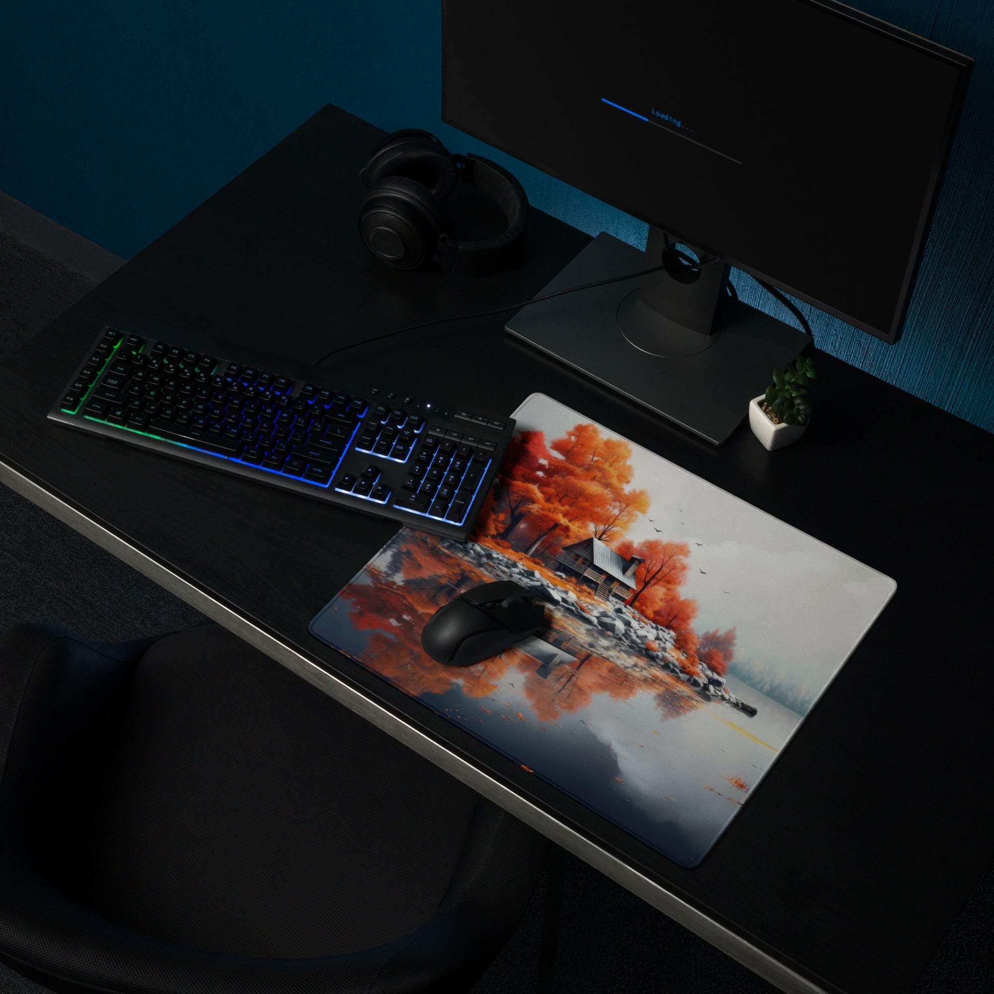 Autumn Lake Cabin large gaming mouse pad with fiery fall trees on snow