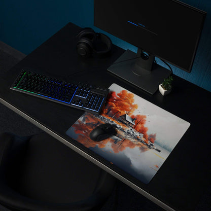 Autumn Lake Cabin large gaming mouse pad with fiery fall trees on snow