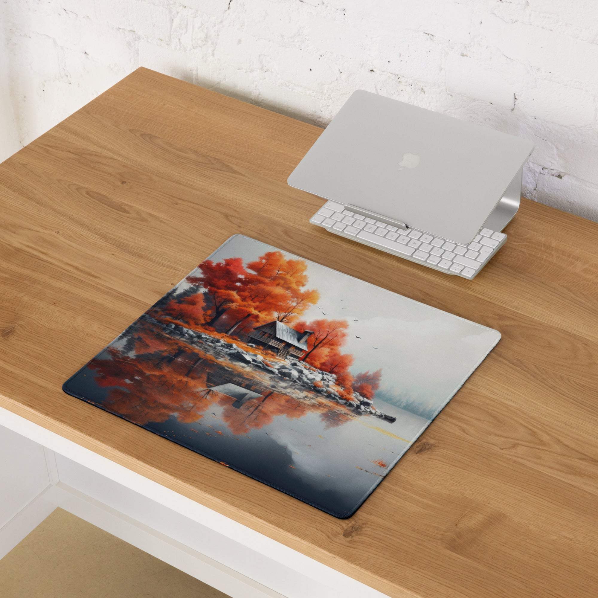 Autumn lake cabin large gaming mouse pad with vibrant fall trees reflection