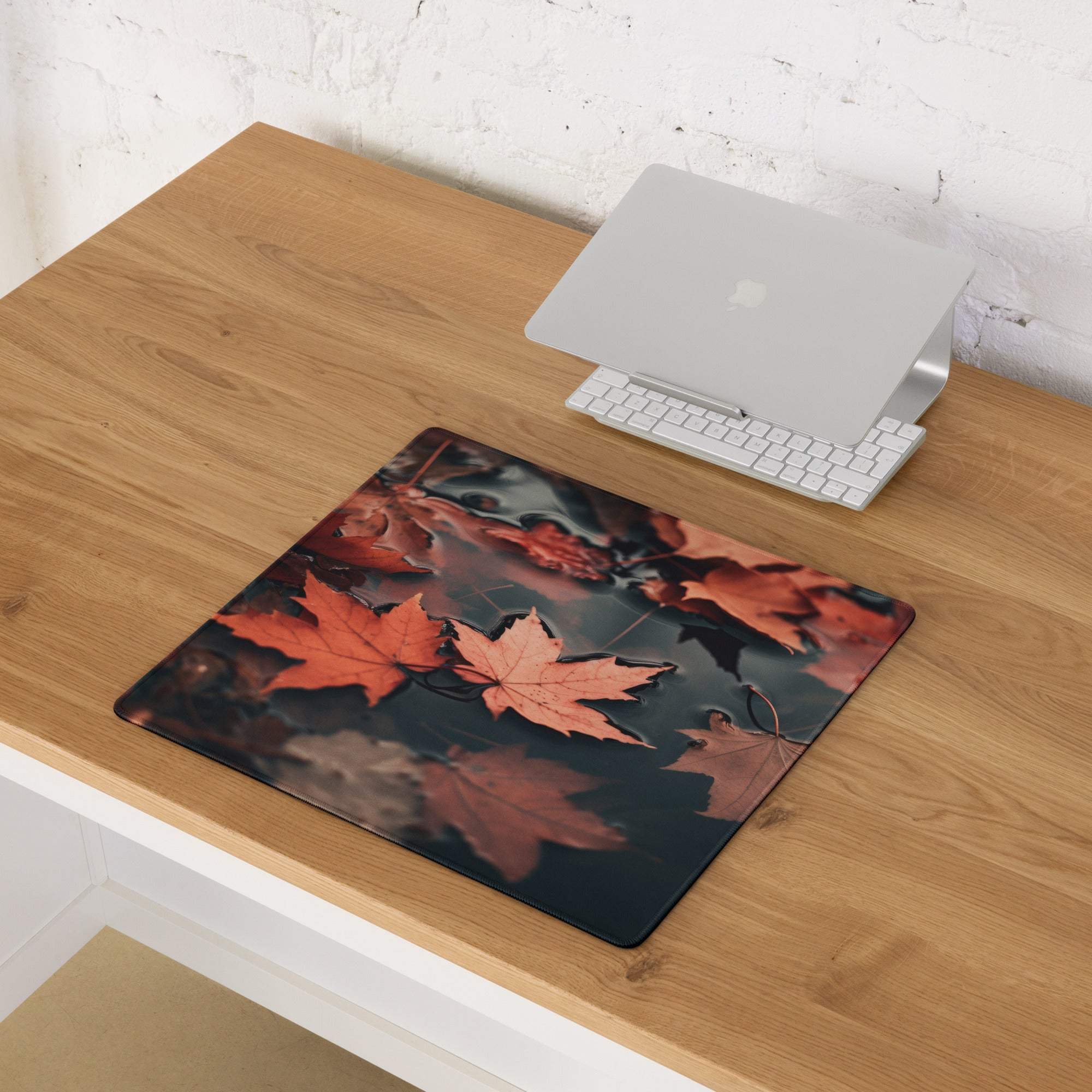 Large Autumn Leaves gaming mouse pad with vibrant maple leaves on water, non-slip base