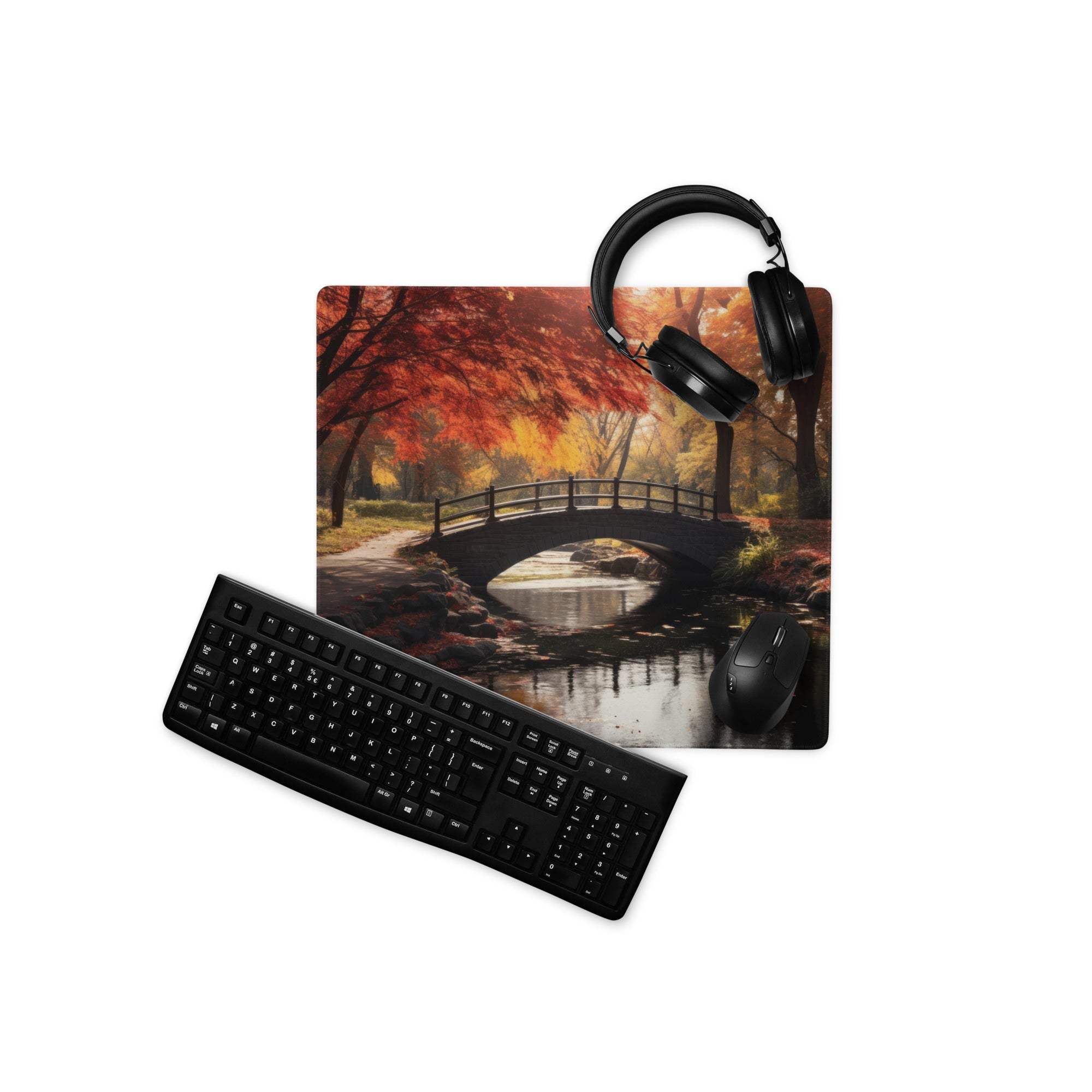 Black matte keyboard on Premium Autumn Forest Bridge gaming mouse pad