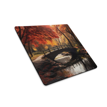 Premium Autumn Forest Bridge Scene gaming mouse pad with serene fall colors