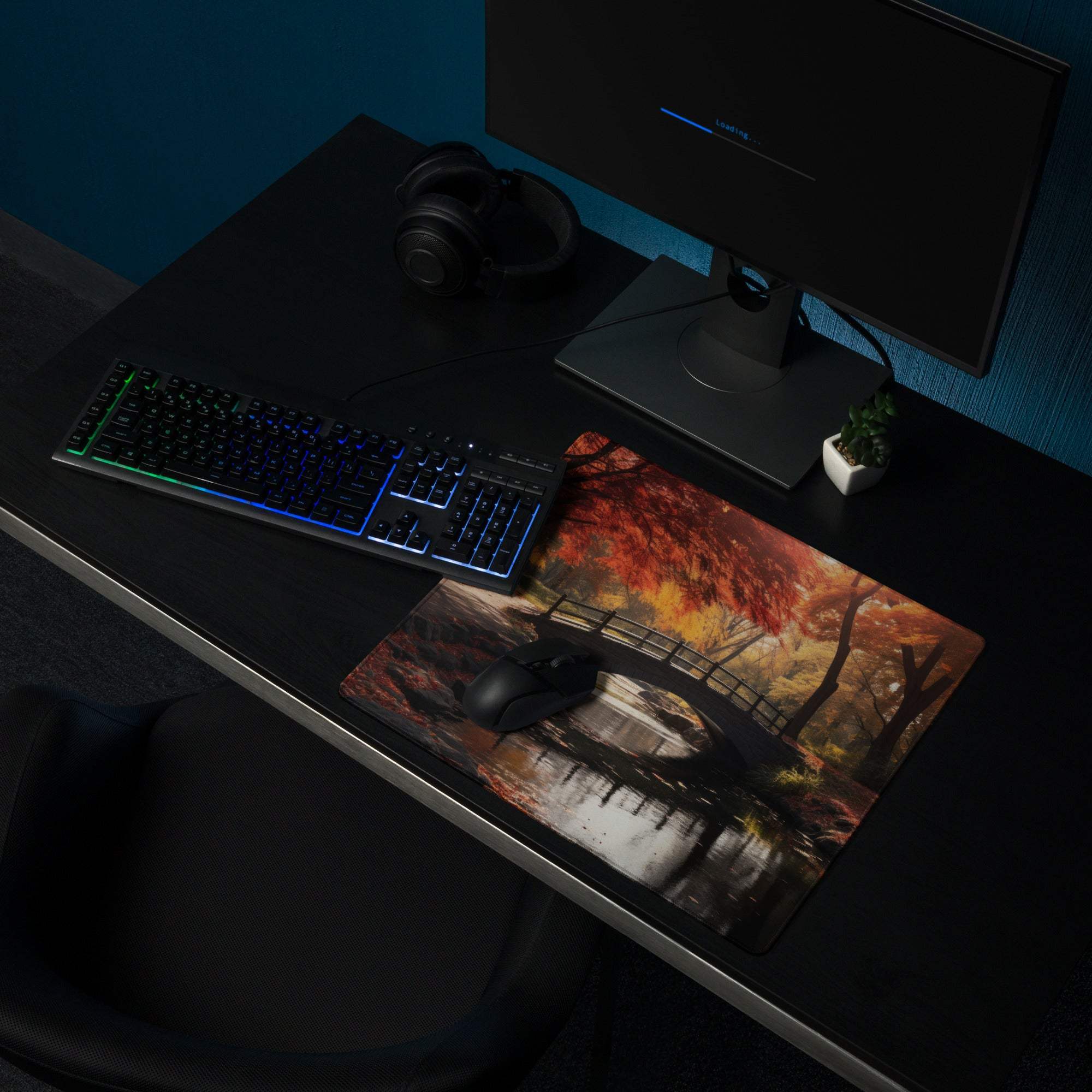 Premium Autumn Forest Bridge gaming mouse pad with serene fall maple trees
