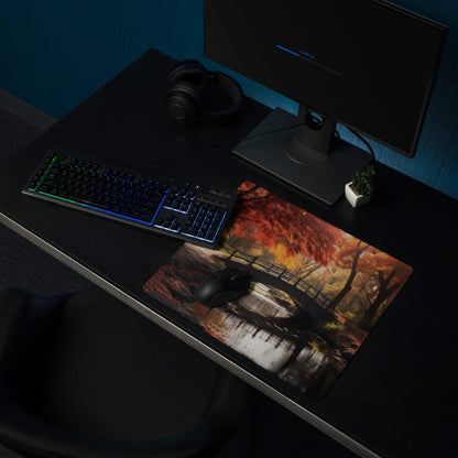 Premium Autumn Forest Bridge gaming mouse pad with serene fall maple trees
