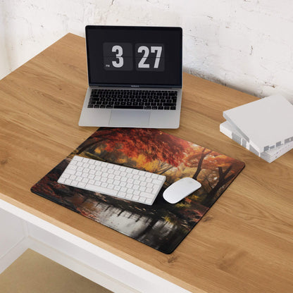 Premium Autumn Forest Bridge gaming mouse pad with serene fall colors