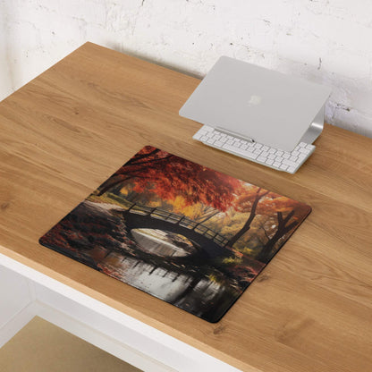 Premium autumn forest bridge gaming mouse pad with serene fall colors