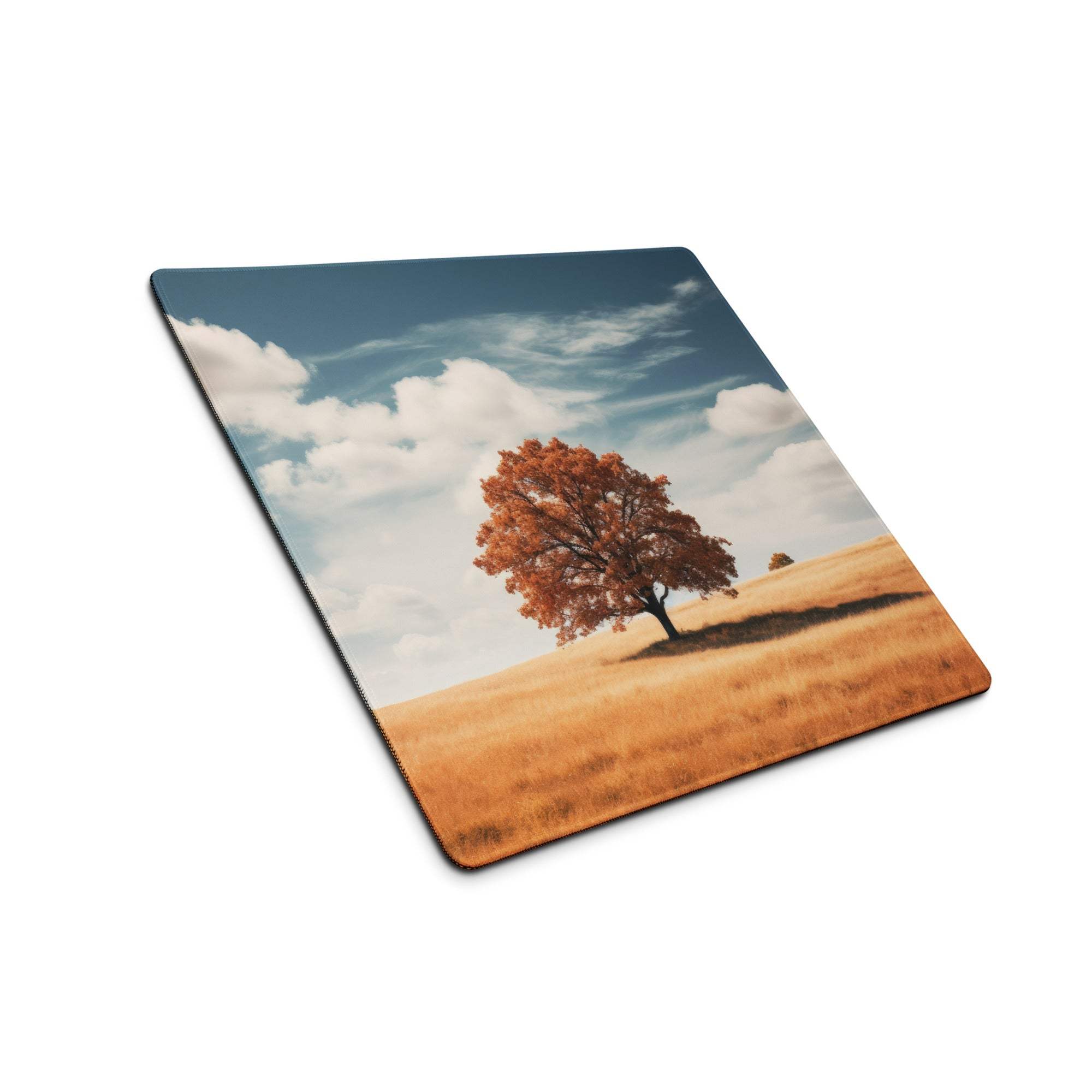 Calm autumn tree mousepad with orange leaves, blue sky, golden field, non-slip base