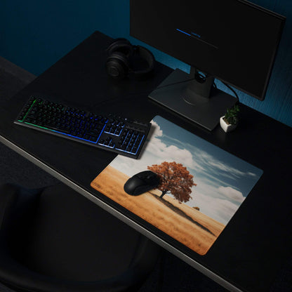 Calm autumn tree in golden field gaming mouse pad on dark desk