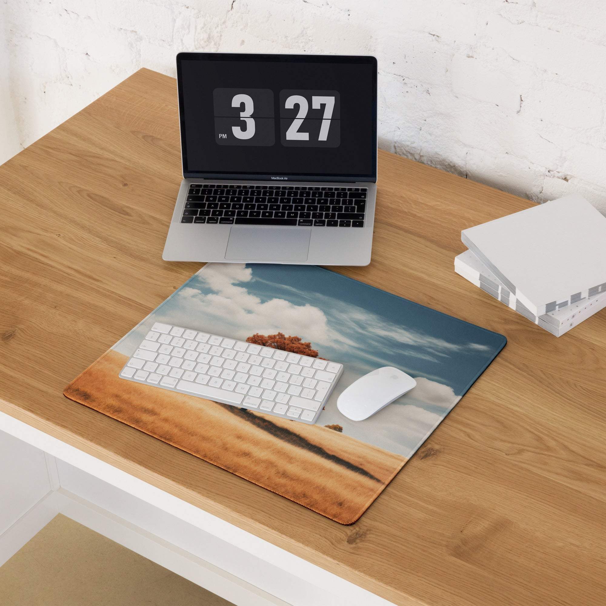 Calm autumn landscape mouse pad with lone tree, non-slip base