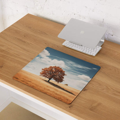 Calm autumn landscape mouse pad with lone tree, golden field, non-slip base