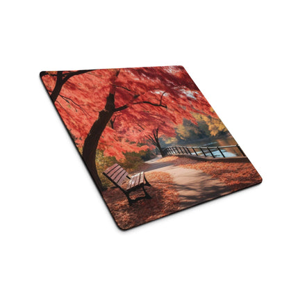 Autumn landscape gaming mouse pad with red leaves, bench, path
