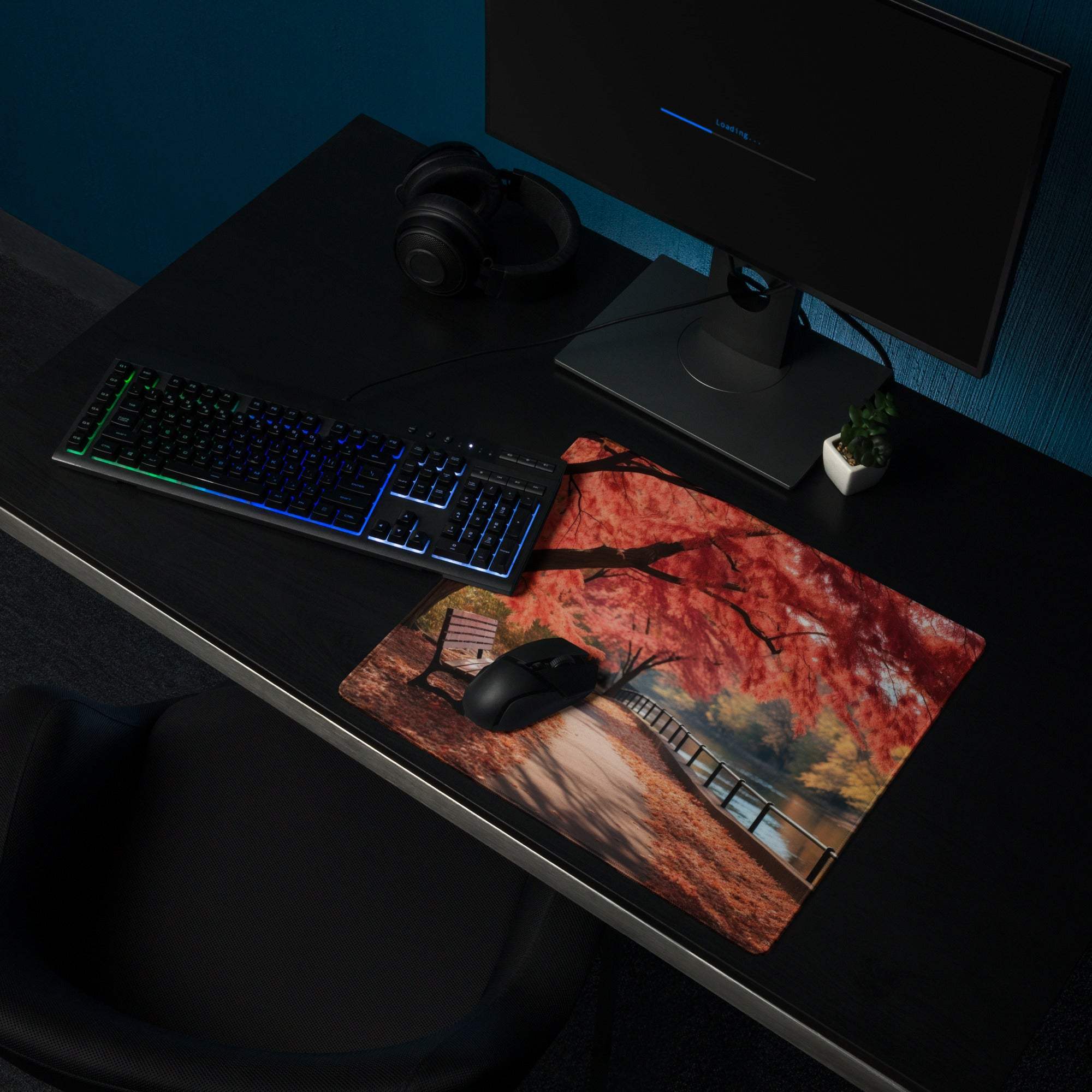 Autumn landscape gaming mouse pad with red leaves, bench, warm tones