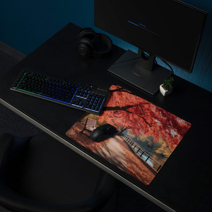 Autumn landscape gaming mouse pad with red leaves, bench, warm tones
