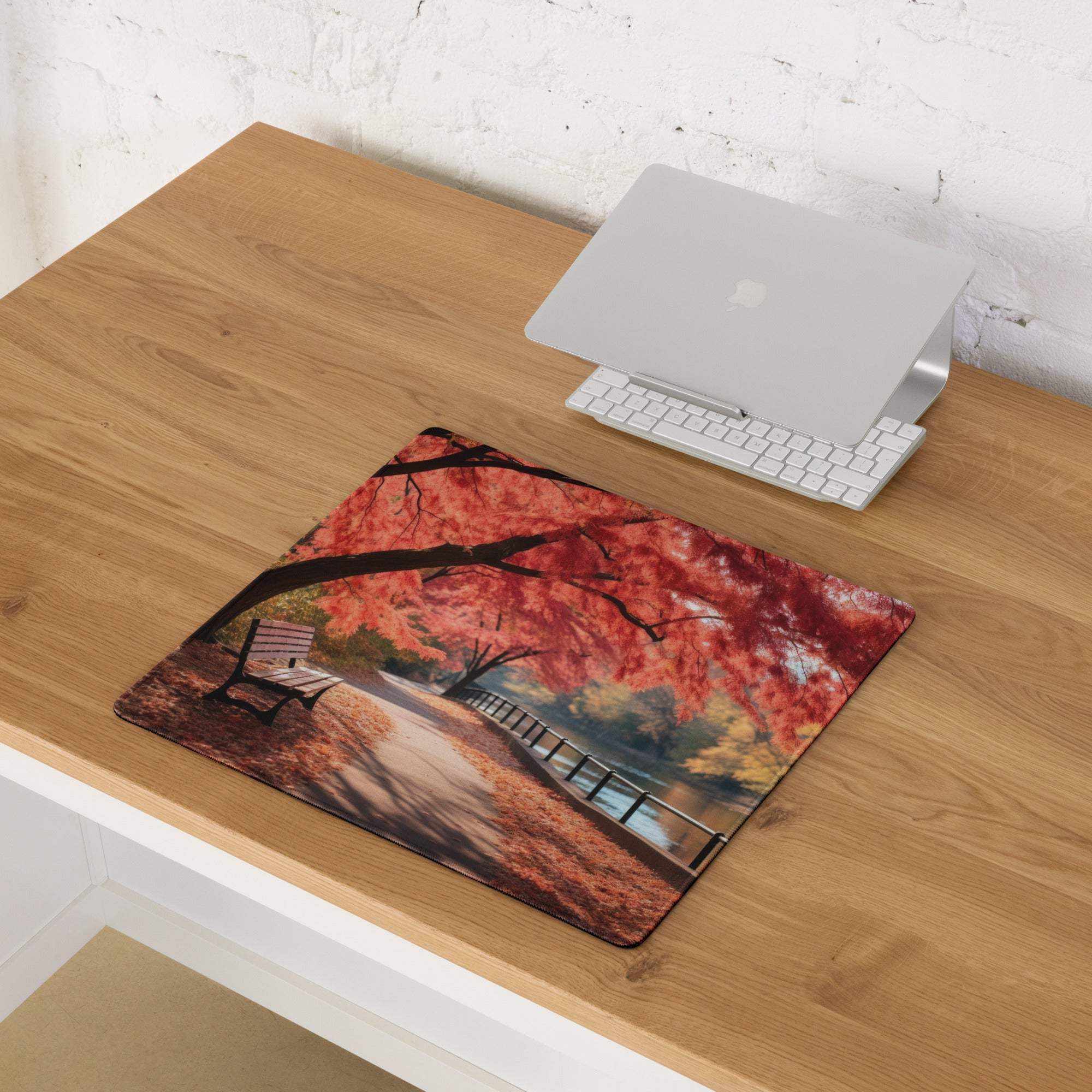 Autumn landscape gaming mouse pad with red leaves, bench, warm tones