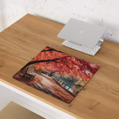Autumn landscape gaming mouse pad with red leaves, bench, warm tones