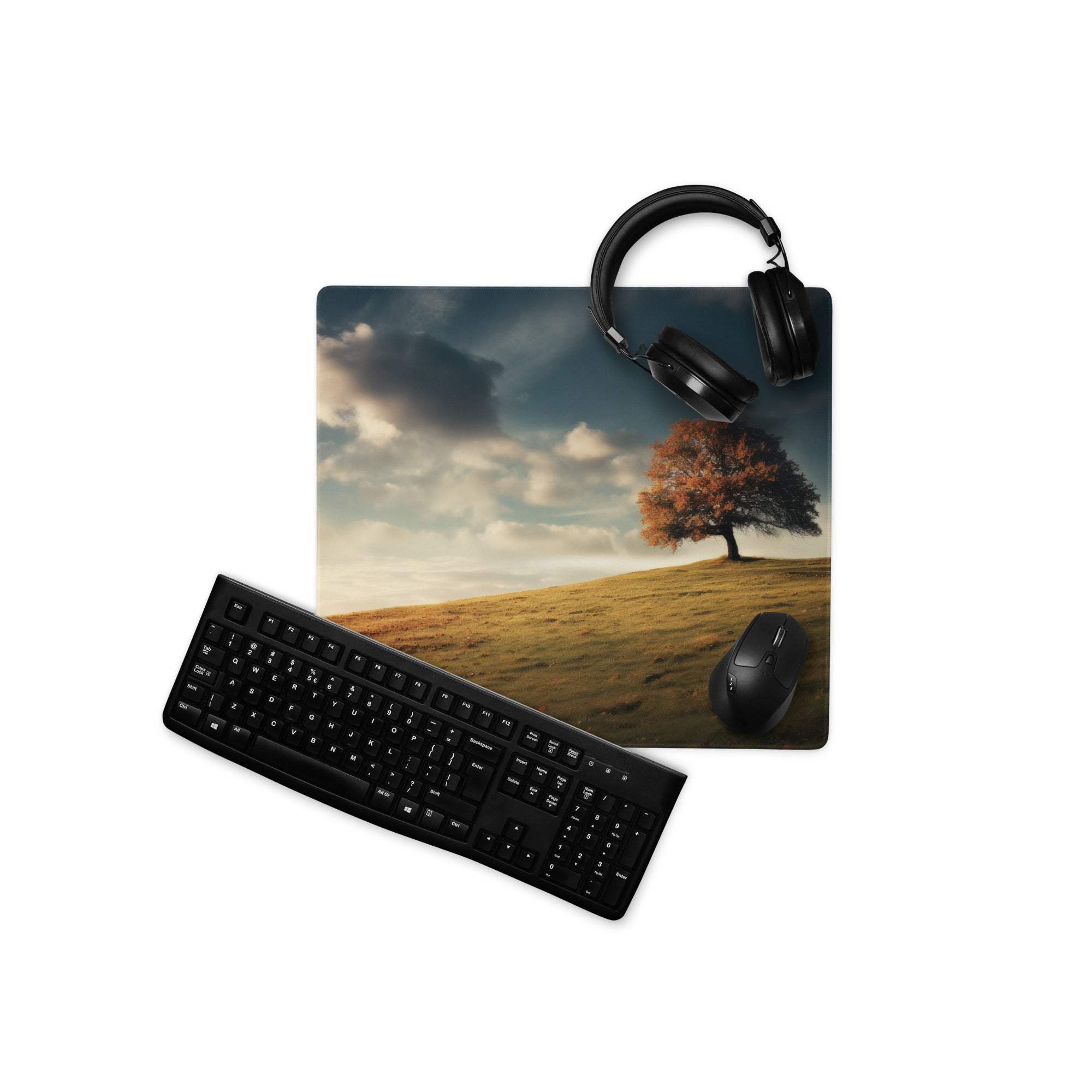 Black wireless keyboard on Autumn Landscape Serenity gaming mouse pad