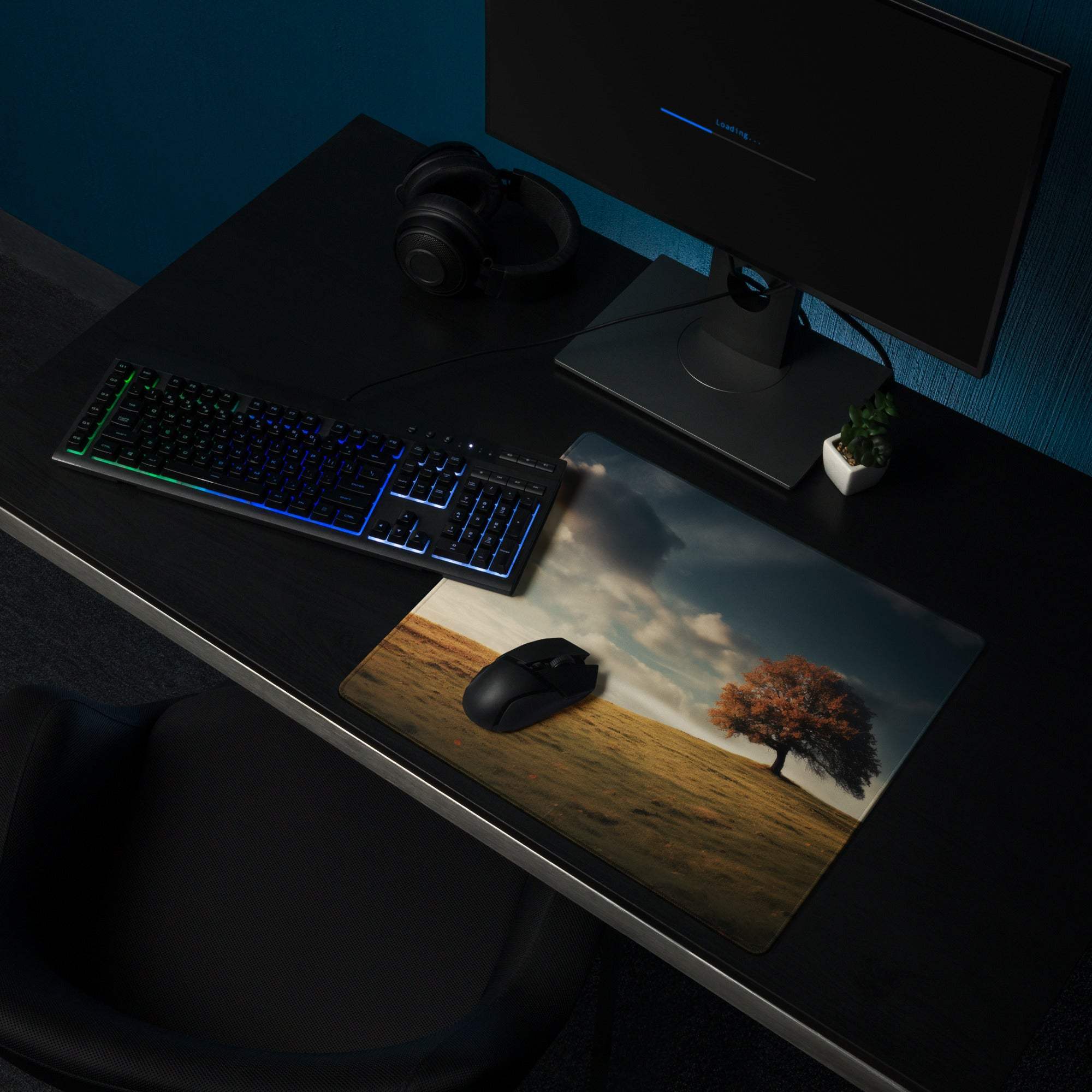 Autumn Landscape Serenity gaming mouse pad with tree under cloudy sky