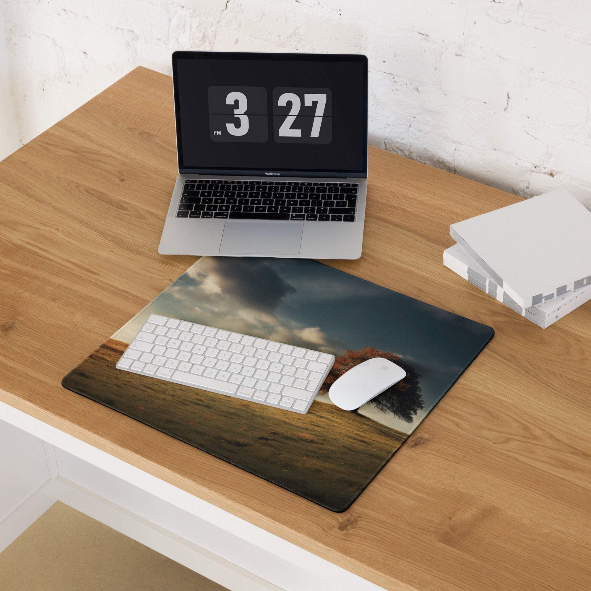 Autumn Landscape Serenity gaming mouse pad with dark clouds, golden fields, tree