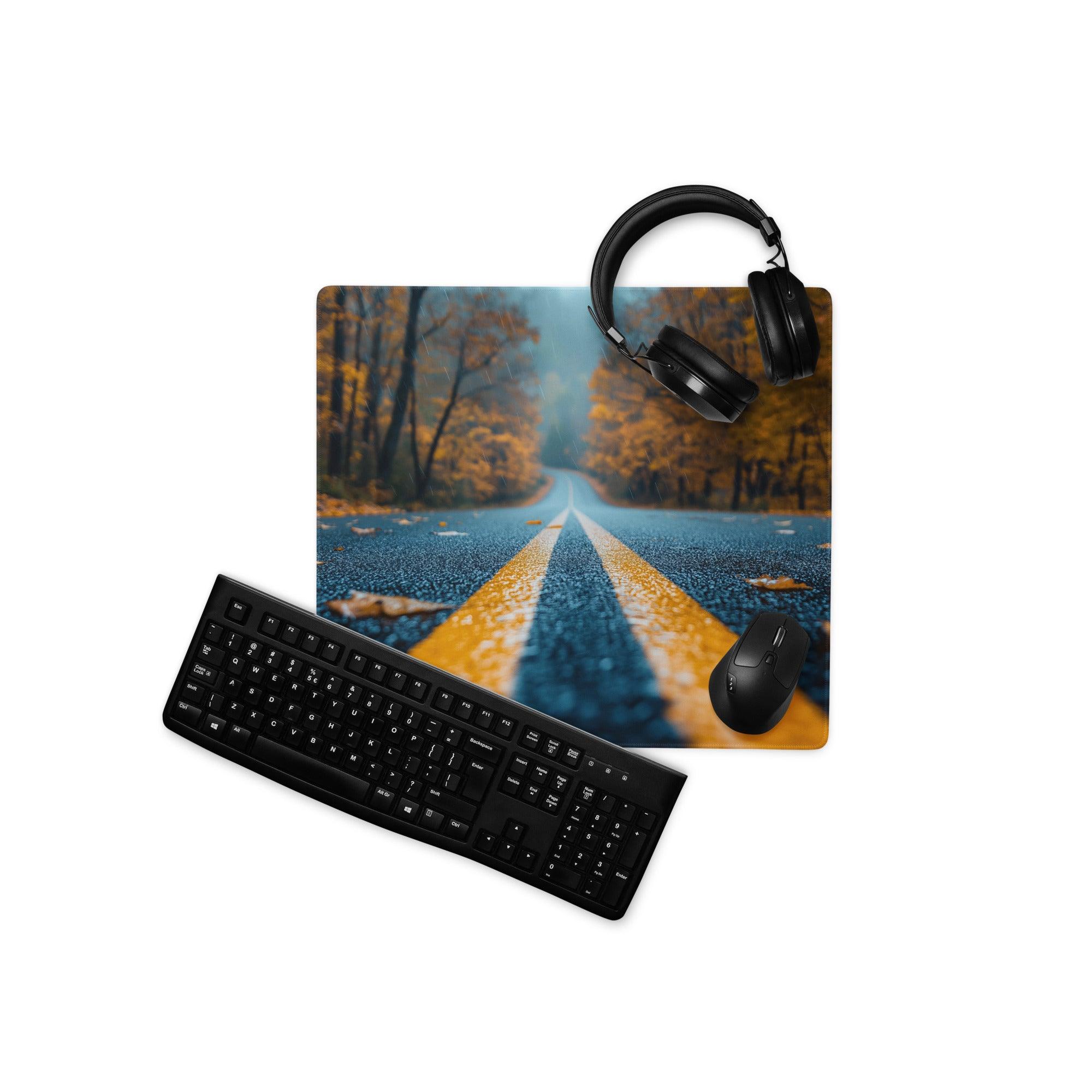 Large Autumn Road gaming mouse pad with black keyboard and mouse