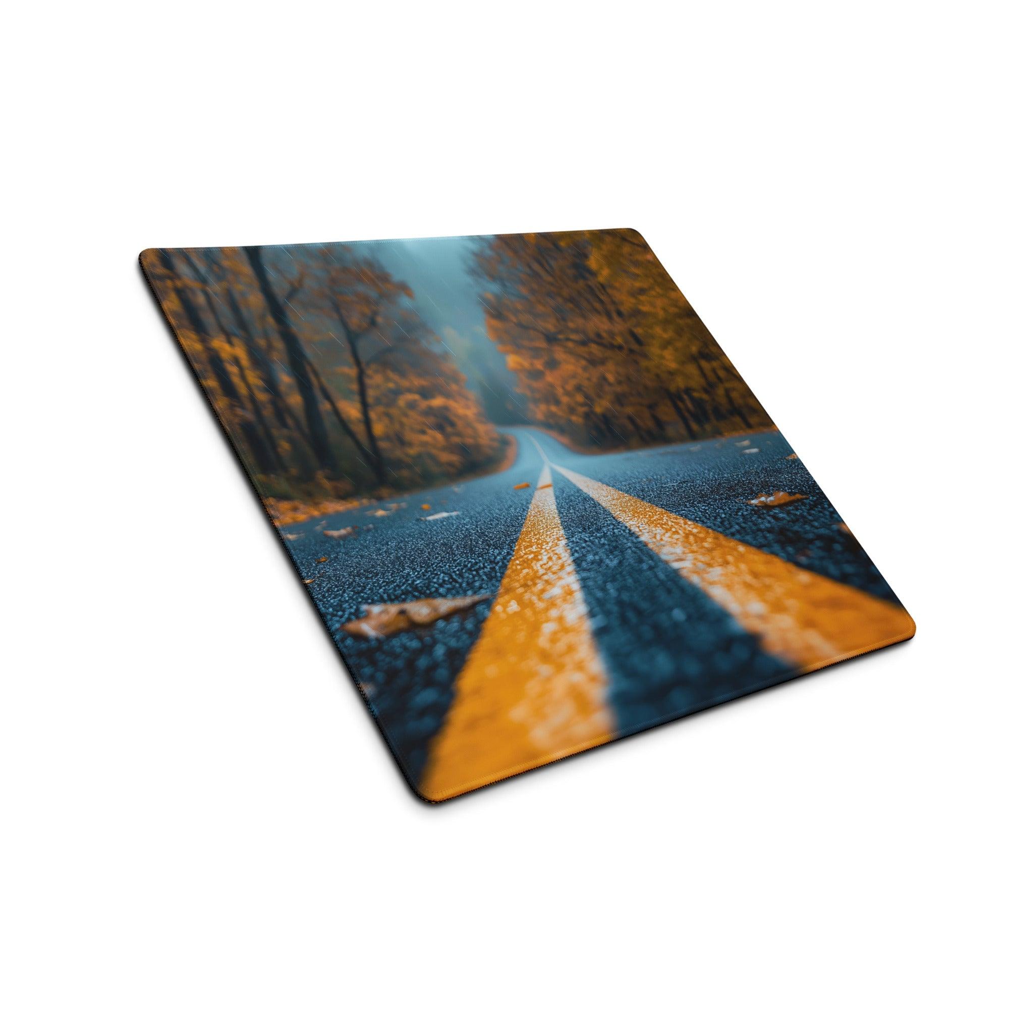 Large Autumn Road gaming mouse pad with vivid fall leaves, wet asphalt, non-slip surface