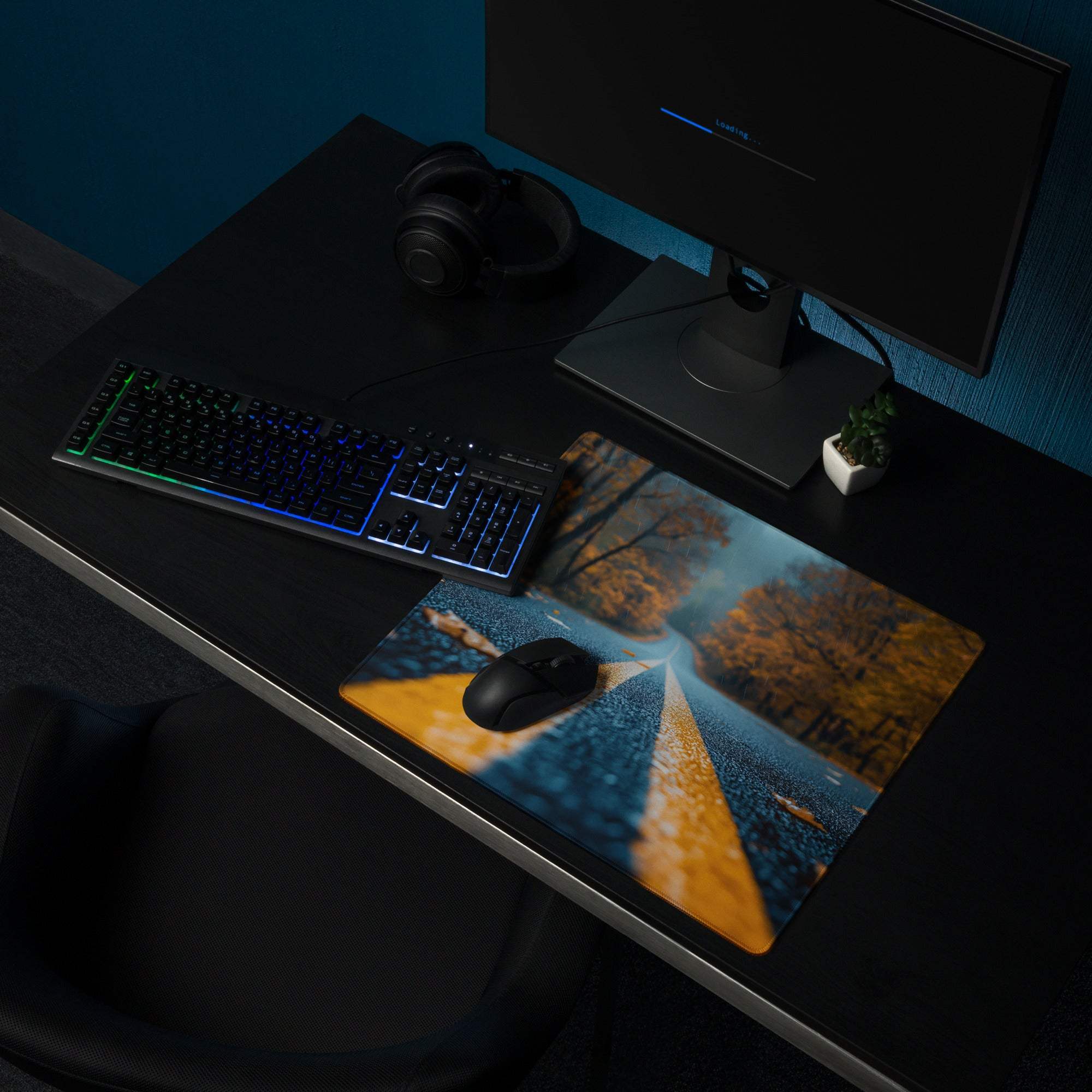 Autumn Road large gaming mouse pad with vivid orange trees and non-slip surface