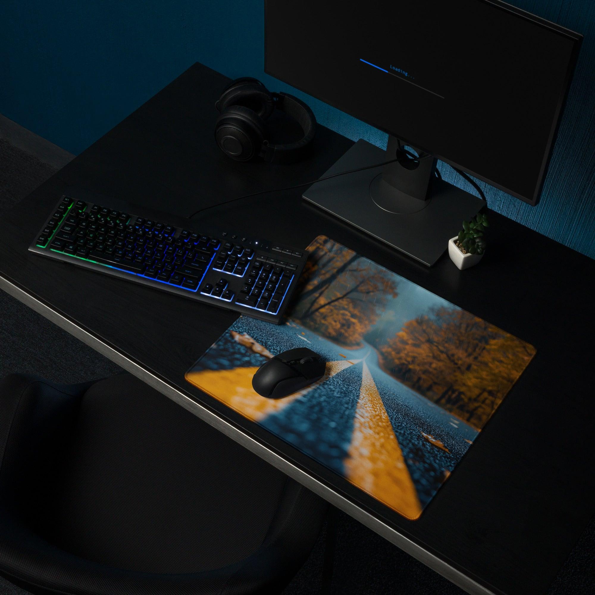 Autumn Road large gaming mouse pad with vivid orange trees and non-slip surface