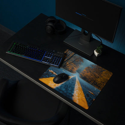Autumn Road large gaming mouse pad with vivid orange trees and non-slip surface