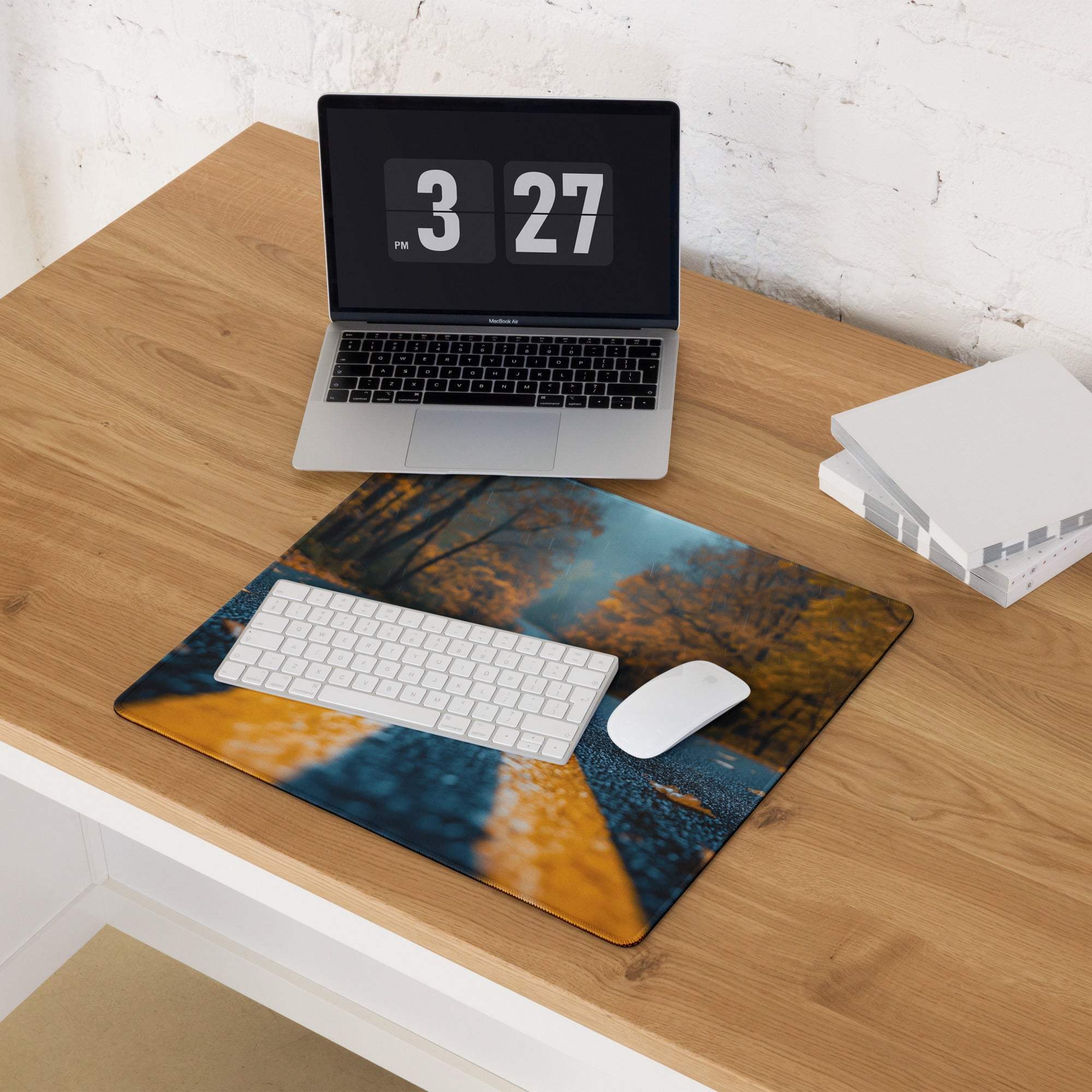 Large Autumn Road gaming mouse pad with vibrant forest scene and non-slip surface