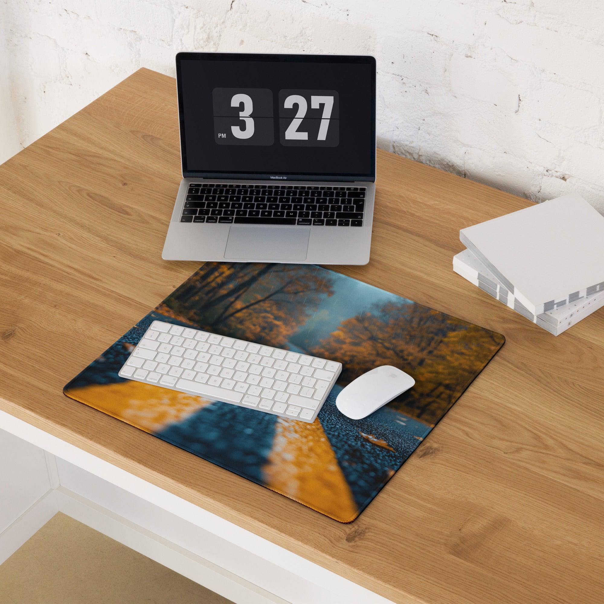Large Autumn Road gaming mouse pad with vibrant forest scene and non-slip surface