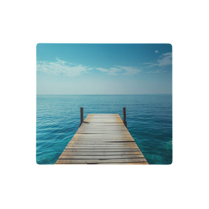 Calm ocean dock desktop mouse pad featuring a square wooden dock with weathered planks over turquoise water