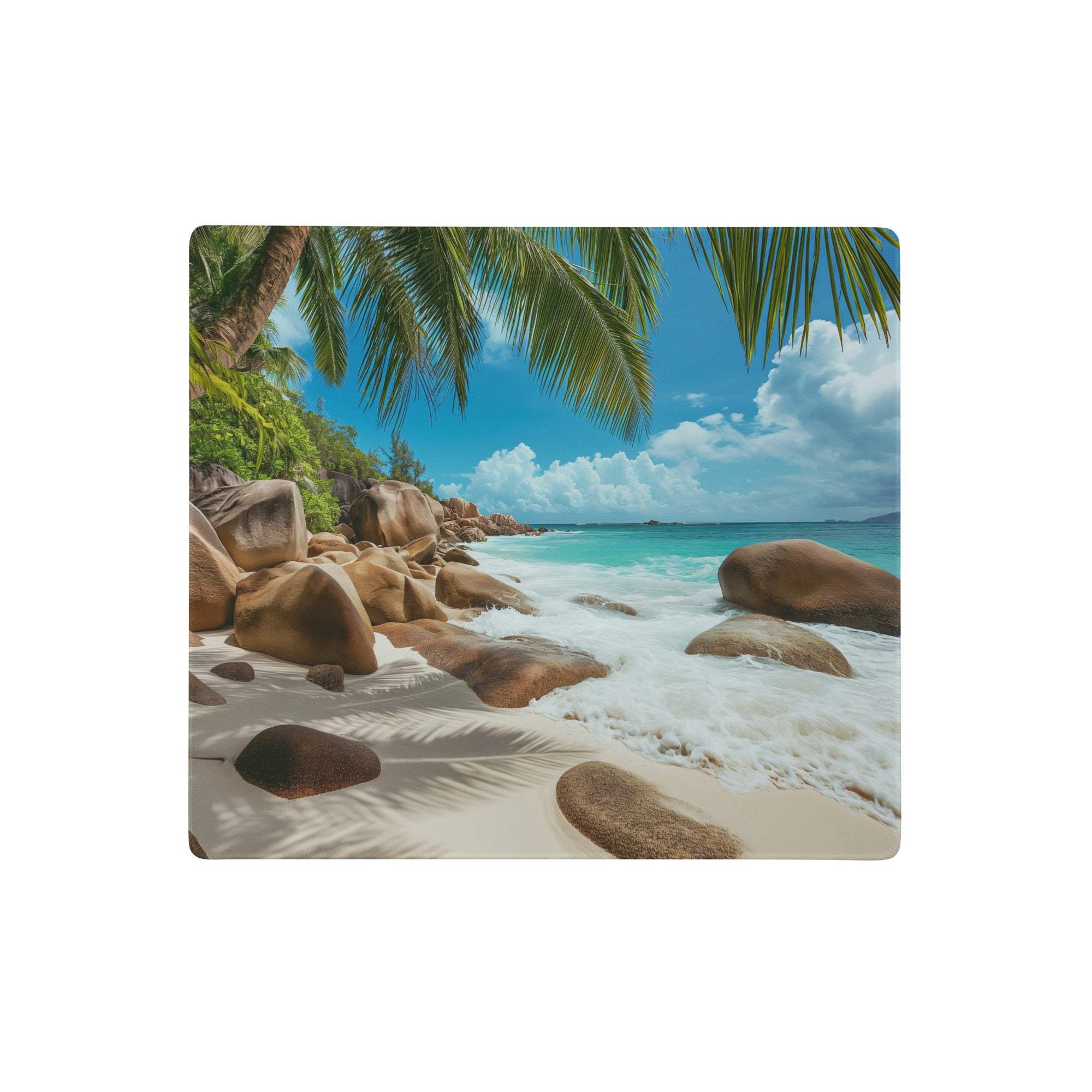 Beige ocean breeze beach scene mouse pad with vibrant tropical landscape turquoise water palm fronds and smooth brown rocks