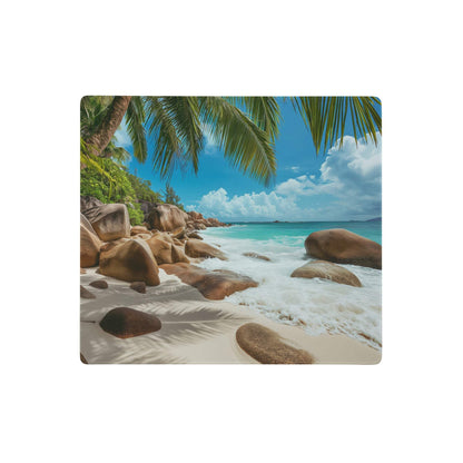Beige ocean breeze beach scene mouse pad with vibrant tropical landscape turquoise water palm fronds and smooth brown rocks