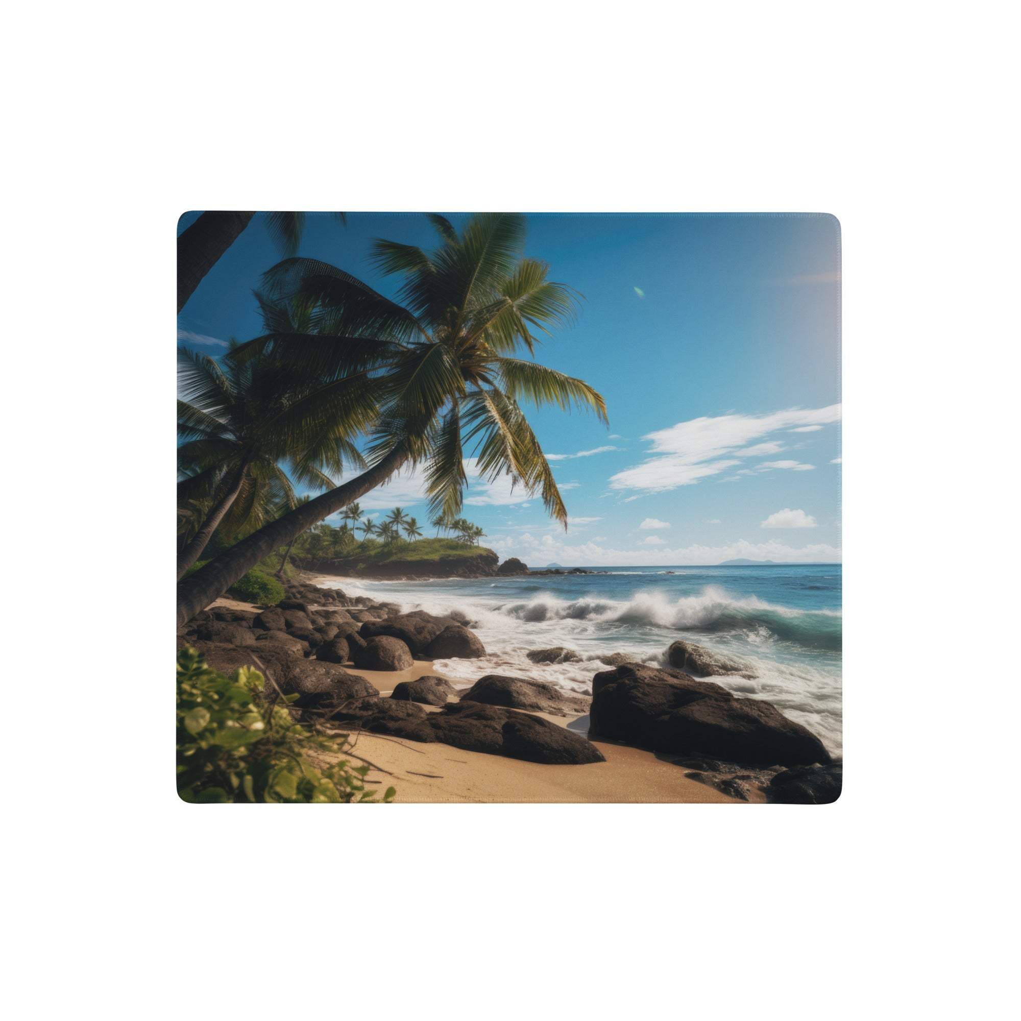 Beige rectangular mouse pad featuring a vibrant tropical beach scene with palms turquoise waves and rocky shoreline