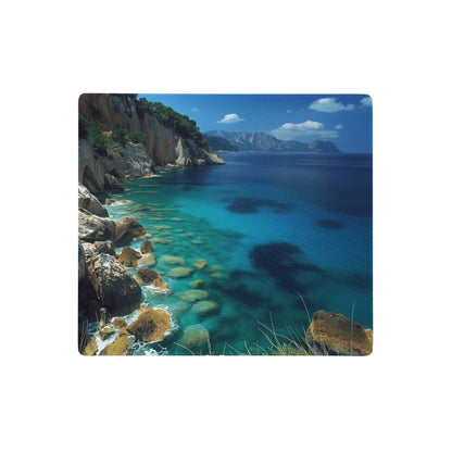 Rectangular ocean blue gaming mouse pad with vivid coastal scene of turquoise waters cliffs and mountains under blue sky