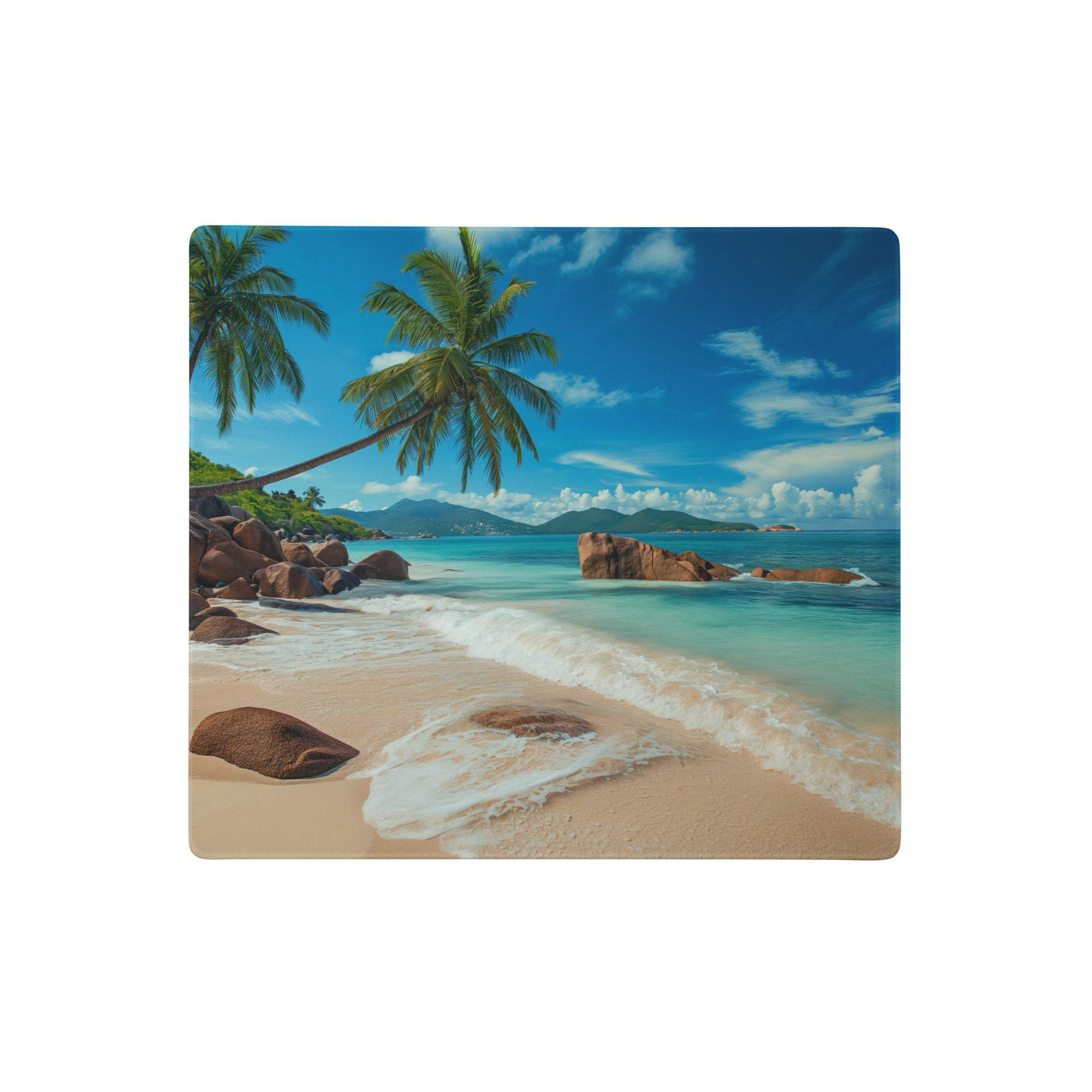 Tropical beach mouse pad with turquoise water sandy shores and palm trees under a bright blue sky for desk use