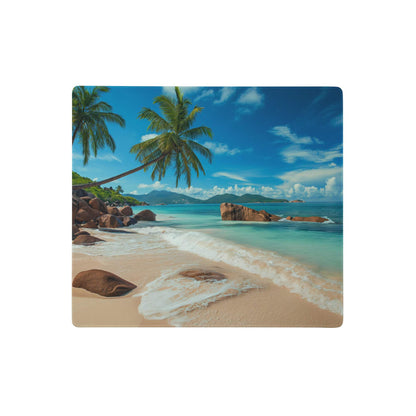 Tropical beach mouse pad with turquoise water sandy shores and palm trees under a bright blue sky for desk use