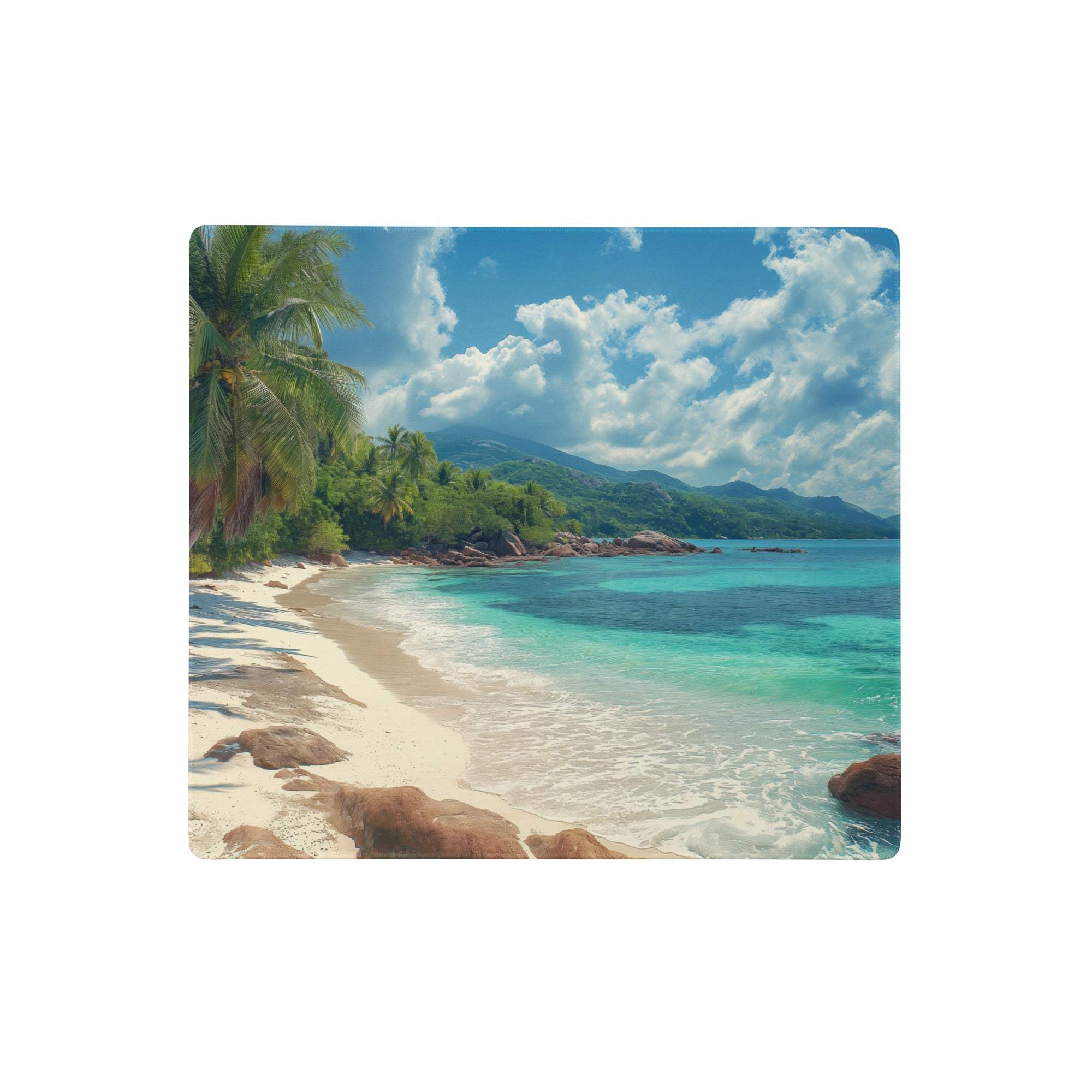Tropical beach scene mouse pad featuring turquoise waters white sand and palm trees under a bright blue sky