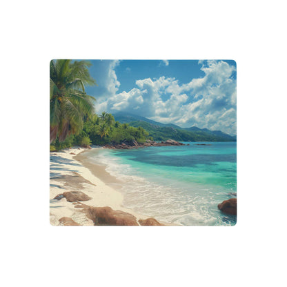 Tropical beach scene mouse pad featuring turquoise waters white sand and palm trees under a bright blue sky