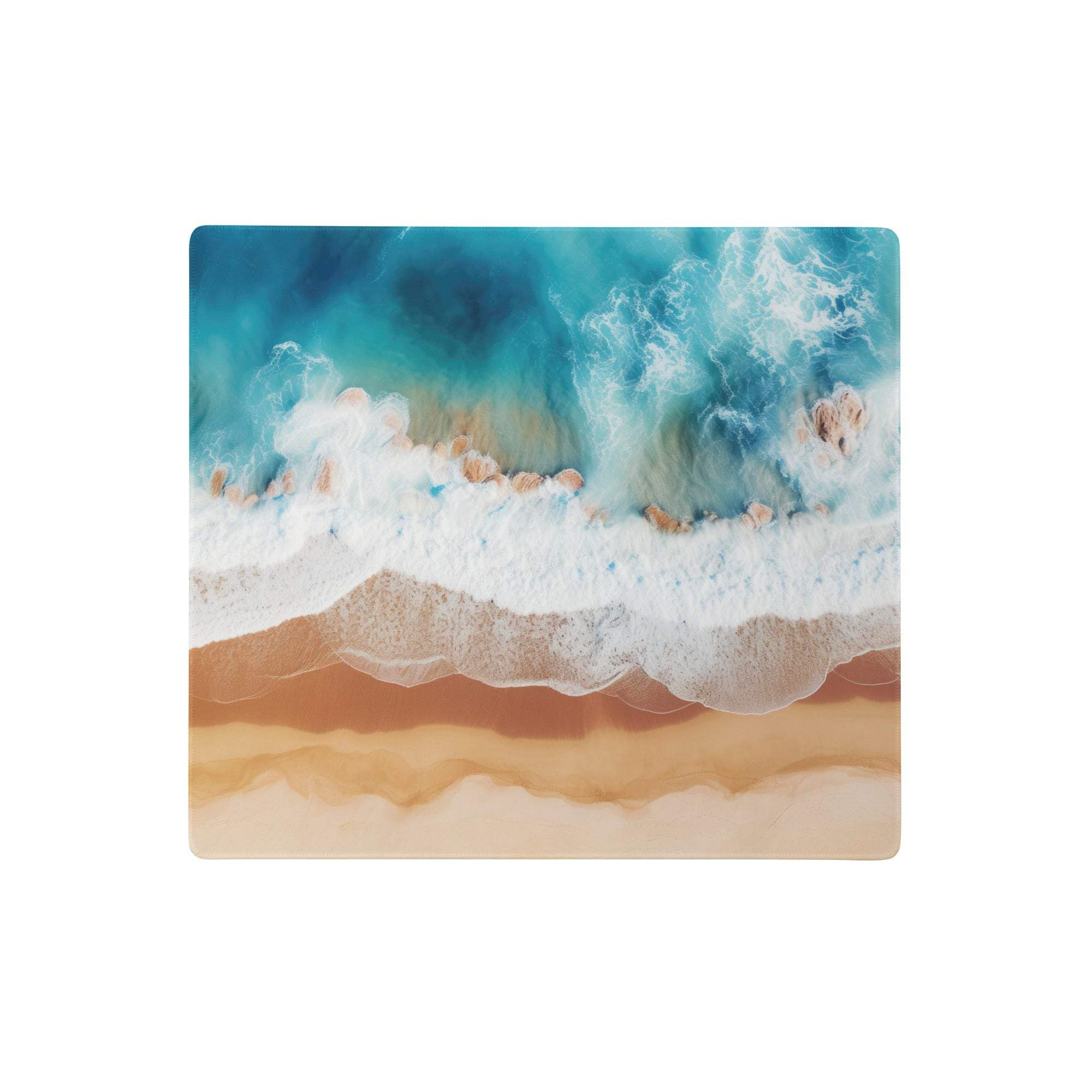Rectangular resin blue ocean aerial beach mouse pad with vibrant ocean waves print in turquoise blue for gaming desk