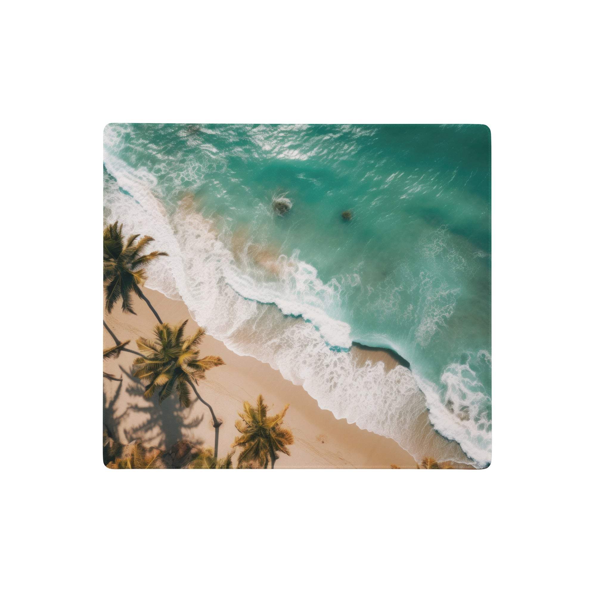 Oceanic beach aerial mouse pad featuring a vibrant turquoise ocean with white waves and palm trees on a nonslip mat