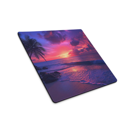 Vibrant sunset ocean gaming mouse pad with palm trees, waves, non-slip backing