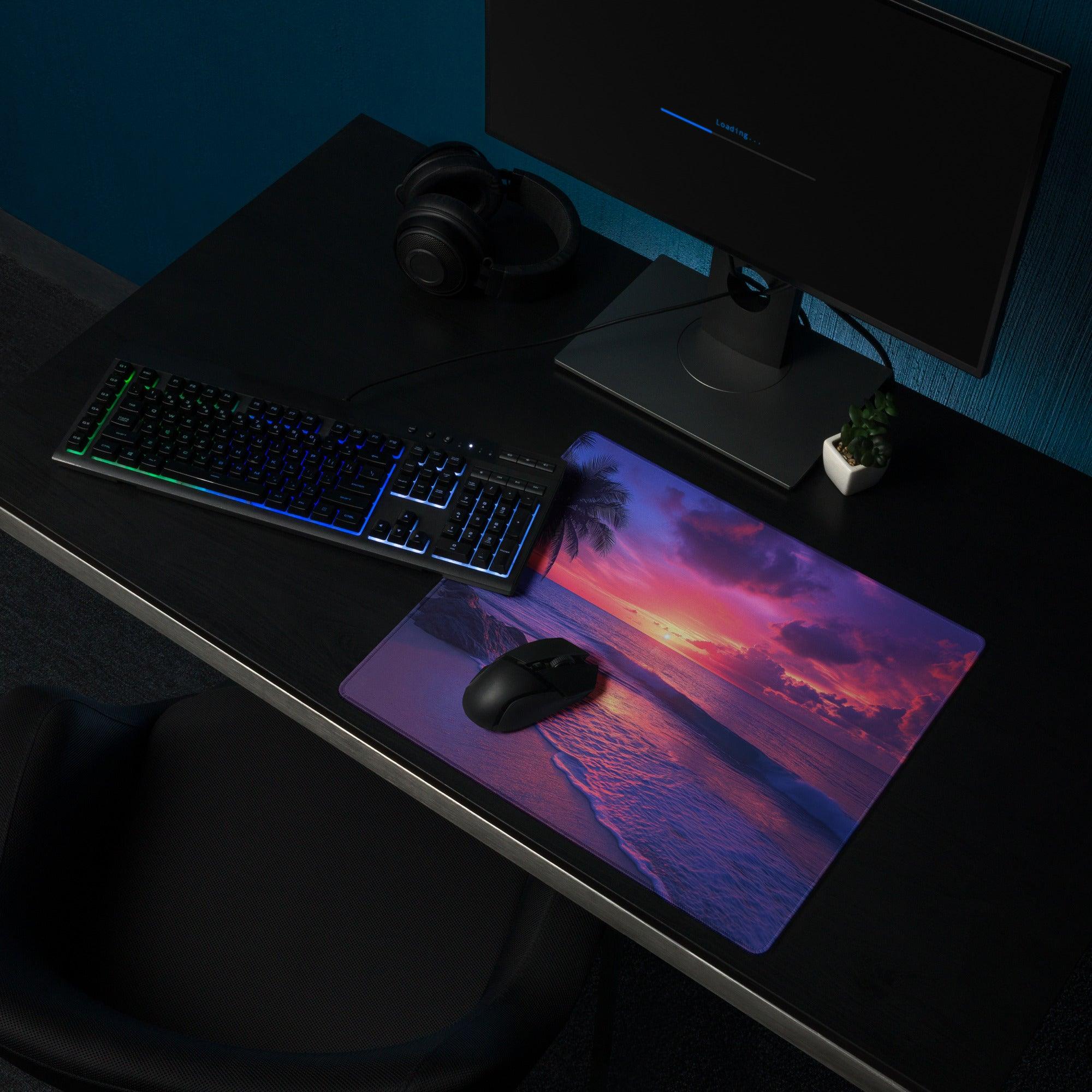 Vibrant sunset ocean gaming mouse pad with non-slip backing and stitched edges