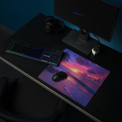Vibrant sunset ocean gaming mouse pad with non-slip backing and stitched edges